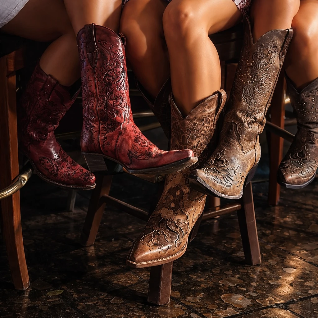 Vintage cowboy boots displayed at a bar-themed decor area